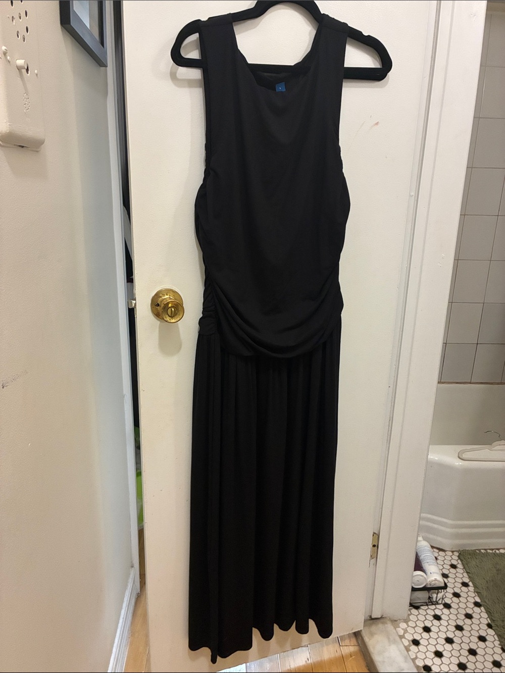 Boatneck Black Sleeveless Maxi Dress with Ruched Drop Waist - Quiet Luxury